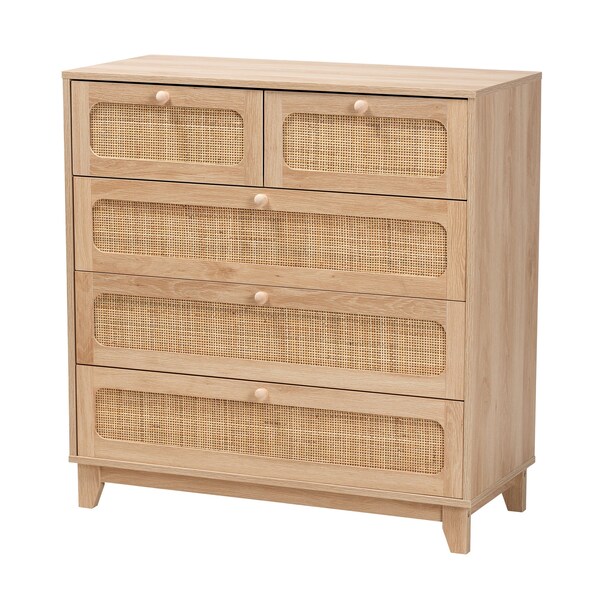Baxton Studio Elsbeth Mid-Century Modern Oak Brown Finished Wood and Natural Rattan 5-Drawer Storage Cabinet 226-12954-ZORO - main